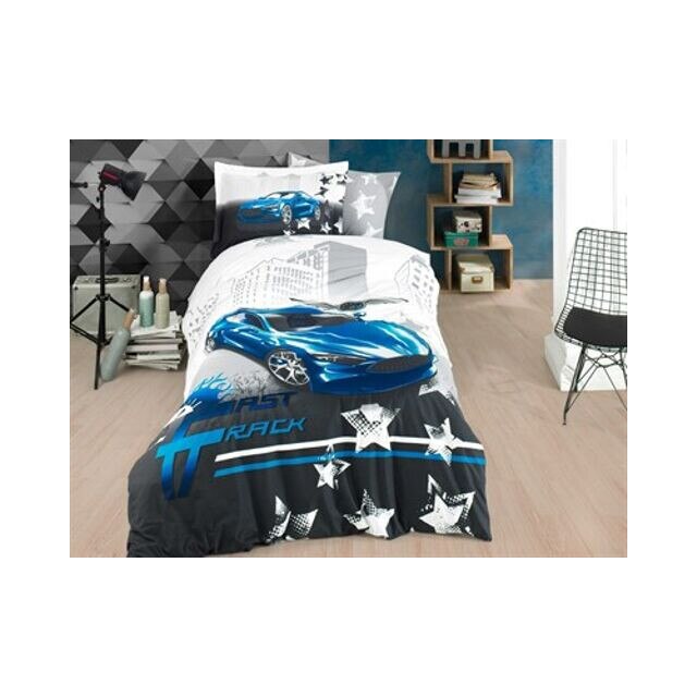 Lenjerie de pat bumbac FAST TRACK BLUE CAR by Hobby Collection, lenjerie pat single, 3 piese, marime 160x220/50x70, 100% bumbac