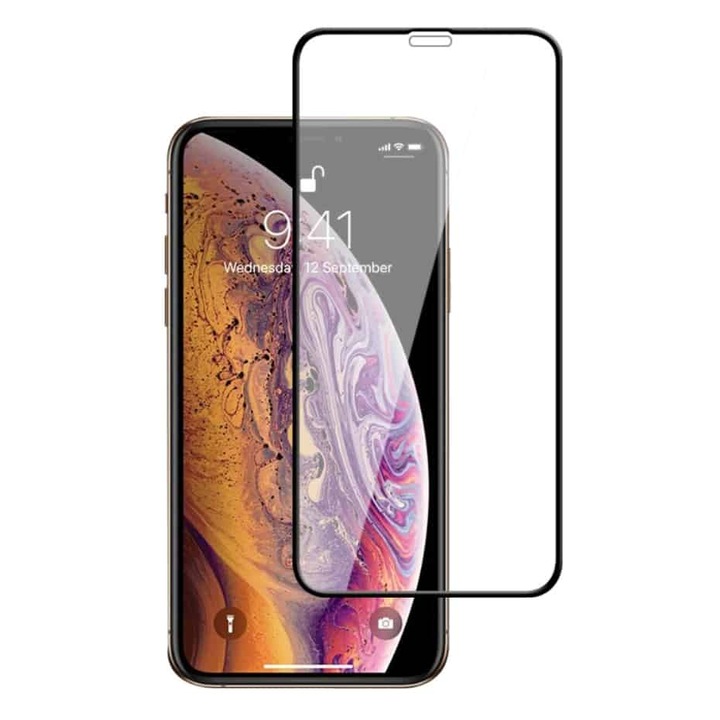 OEM Üvegfólia, iPhone 11 Pro / XS / X, teljes képernyő lefedettség, fekete szélek