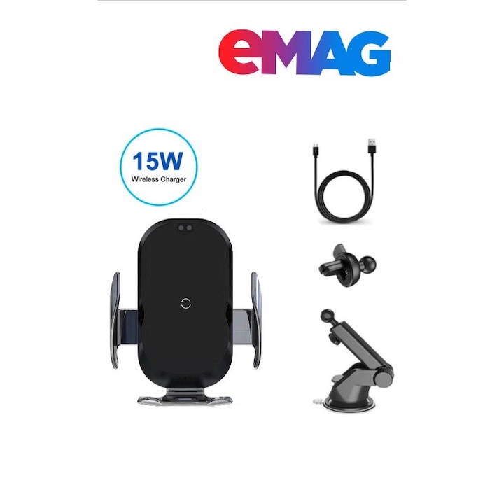 Gyors vezeték nélküli autós töltő, Automata szenzor, iphone 8/ 8+ /X /Xr /Xs / XsMAX, 7.5W, Samsung, S7,S8,S9,NOTE8.9, S10,1OW, szellőzőrács + Tapadókorong, fekete, új C11-es modell