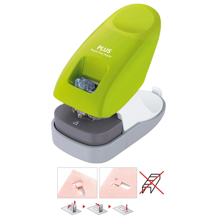 Plus Japan maxi asztali kapocs nélküli tűzőgép és lyukasztó, zöld