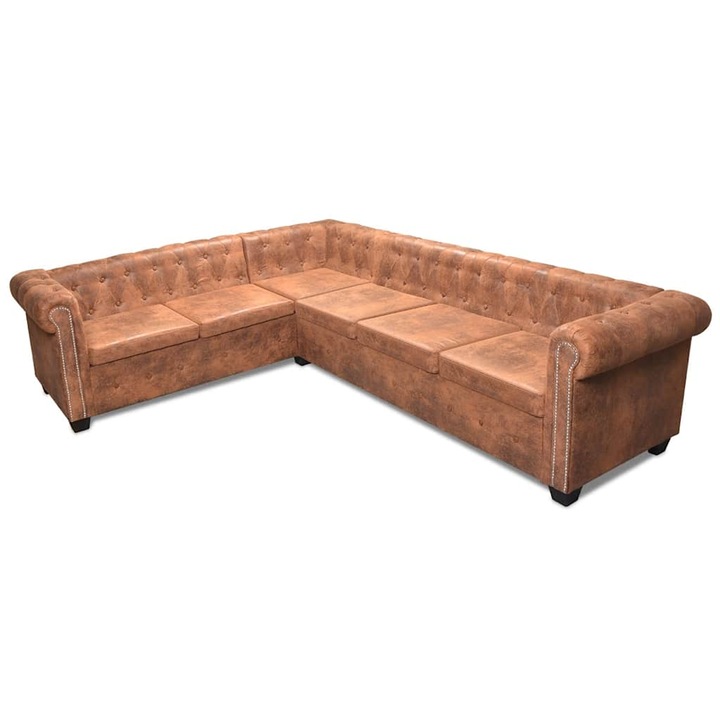 Canapea coltar model Chesterfield, tapiterie piele artificiala, vidaXL, Maro, 260 x 205 x 73 cm
