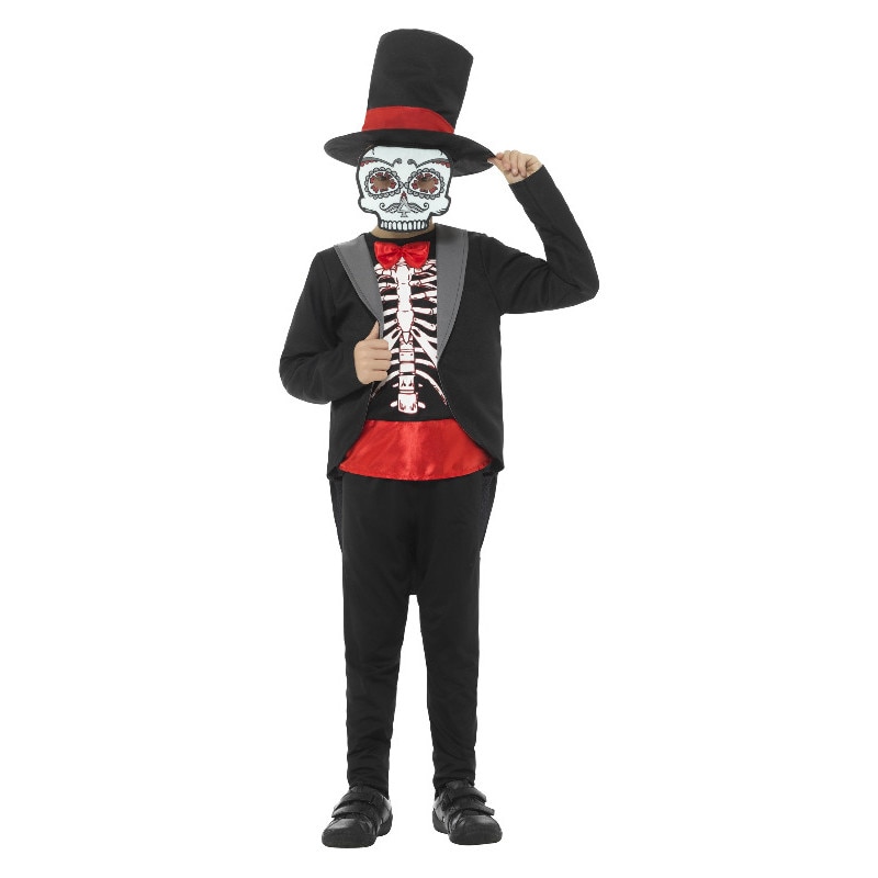 Costum schelet Day of the Dead negru cu rosu 7-9 ani BRUNO