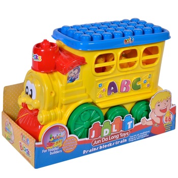 Set de construit, Zola®, trenulet galben cu 47 cuburi multicolore, din plastic Set de construit, Zola®, trenulet galben cu 47 cuburi multicolore, din plastic