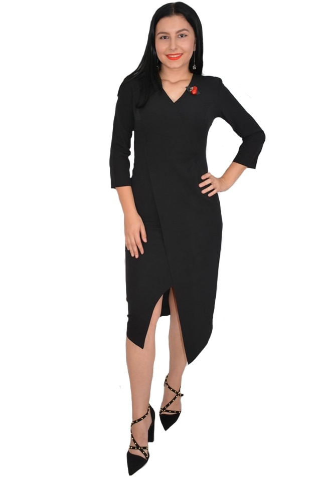 Rochie rafinata Mila crepeu in fata,model asimetric, Negru
