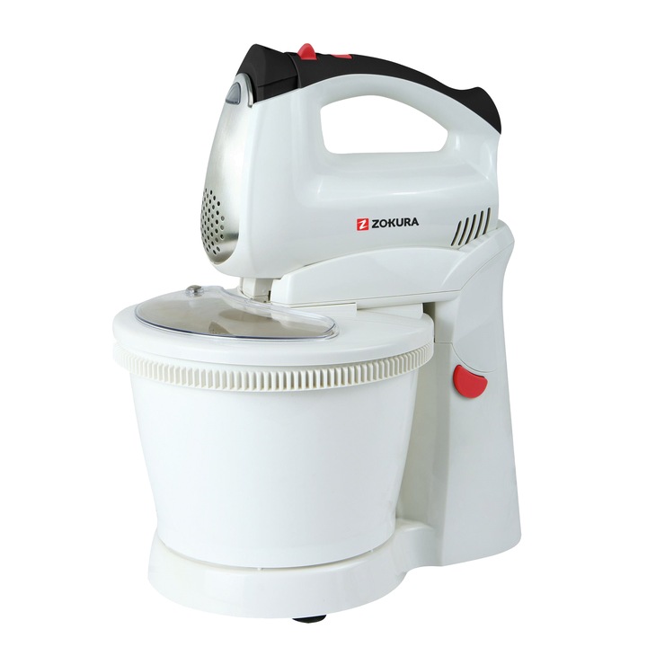 Zokura kézi mixer tállal, 400W, 2.5 L tál, 5 sebesség+turbo, fehér