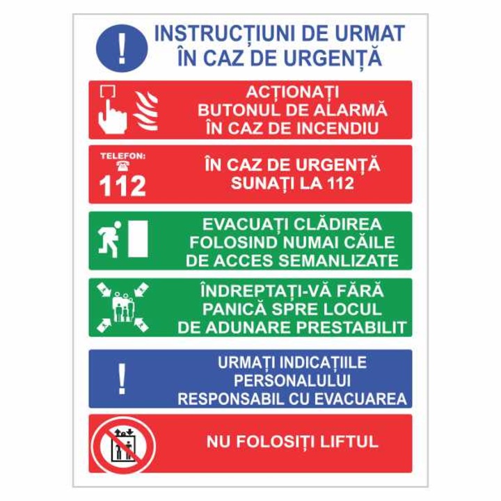 Indicator autocolant - Indicator instructiuni de urmat in caz de urgenta, autocolant 15x20 cm