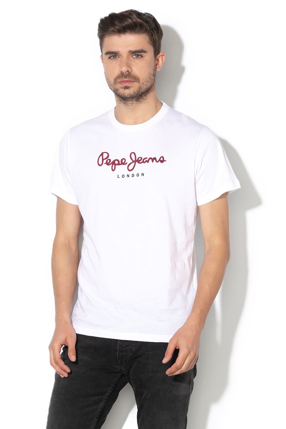 Pepe Jeans London, Tricou cu imprimeu logo, de bumbac Eggo, Alb/Rosu Bordeaux