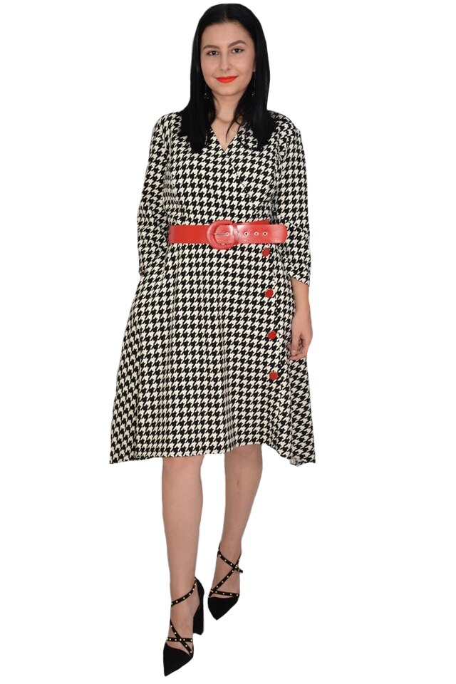 Rochie eleganta Avelia decolteu petrecut,model pepit,evazata,D&J Exclussive, Alb-Negru