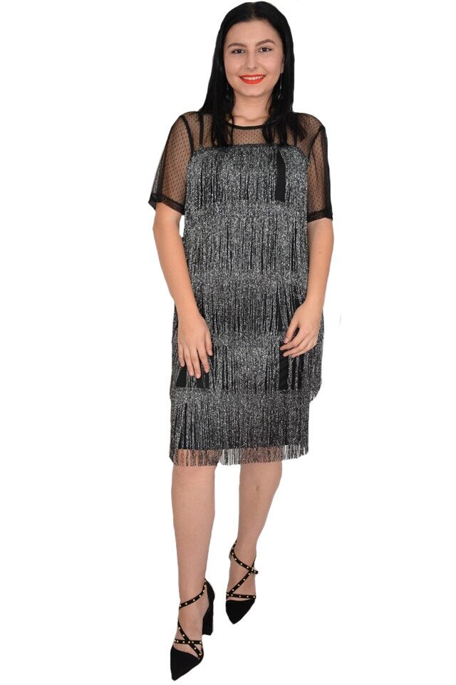 Rochie eleganta Fenna cu franjuri ,plasa cu buline mici partea de sus,D&J Exclussive, Argintiu