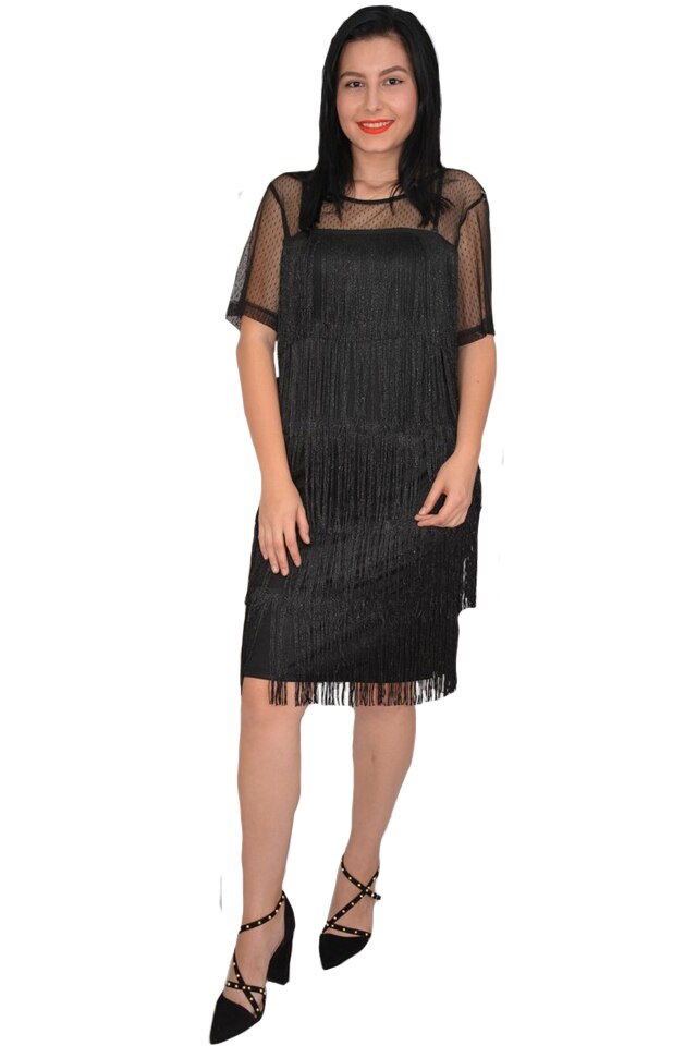 Rochie eleganta Fenna cu franjuri ,plasa cu buline mici partea de sus,D&J Exclussive, Negru