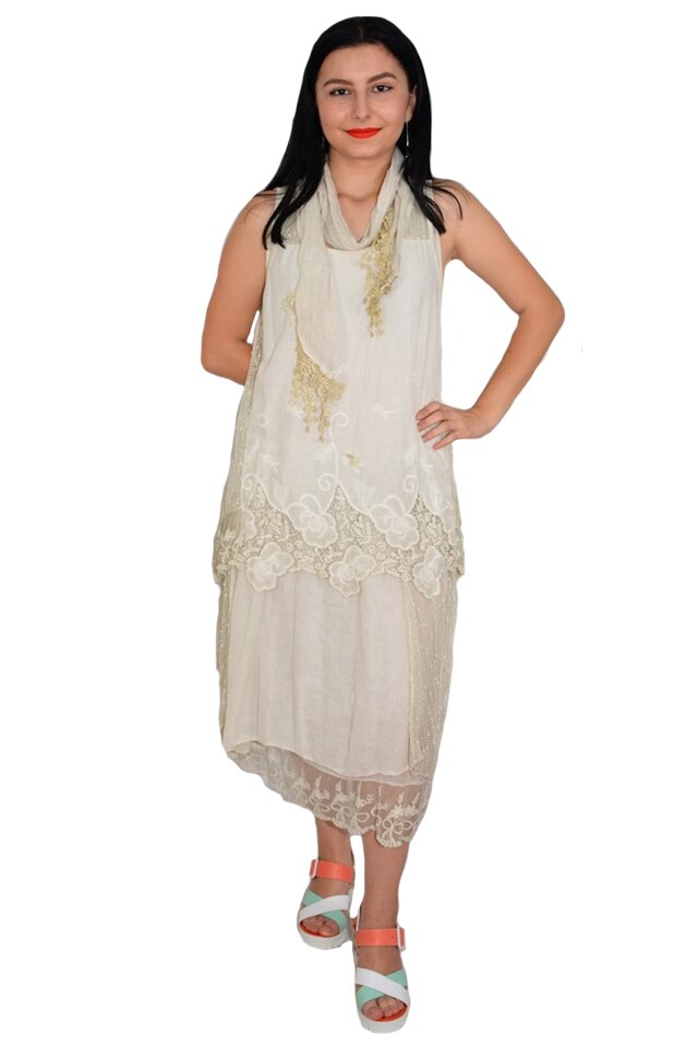 Rochie de vara cu aspect de costum, model lejer, cu broderie,D&J Exclussive, Bej