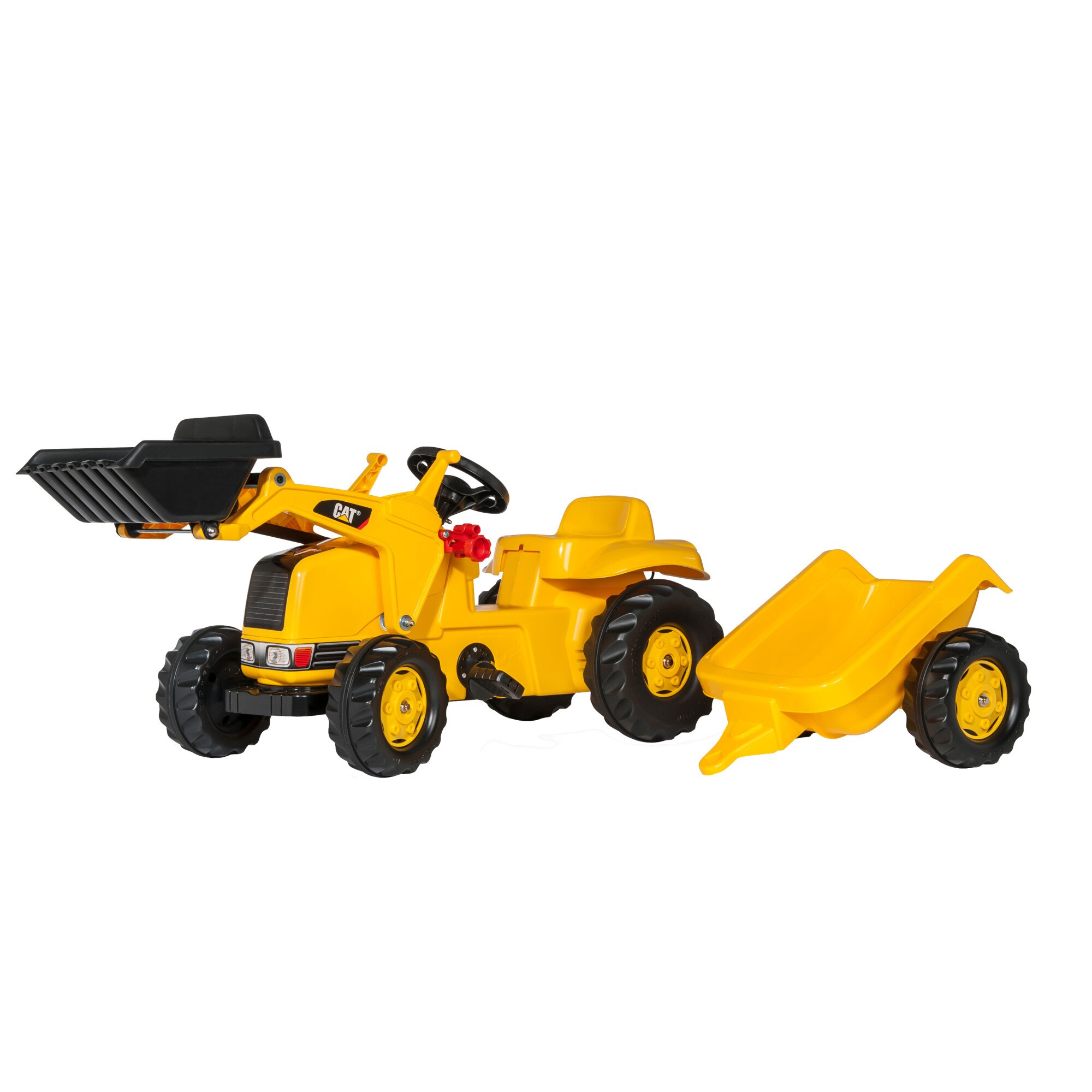 Tractor CAT cu pedale Galben Rolly Toys cu incarcator frontal si remorca