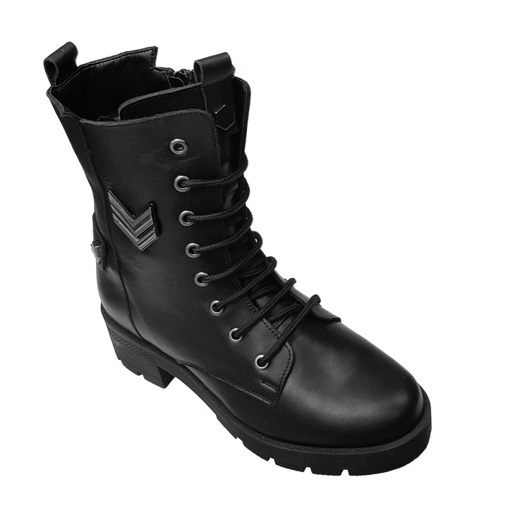 Bocanci dama din piele naturala imblaniti, Army, negru, 40
