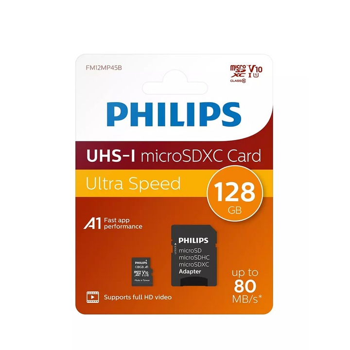 Memorie card Philips, MicroSDXC, Card 128GB, Clasa 10 UHS-I U1 +Adaptor