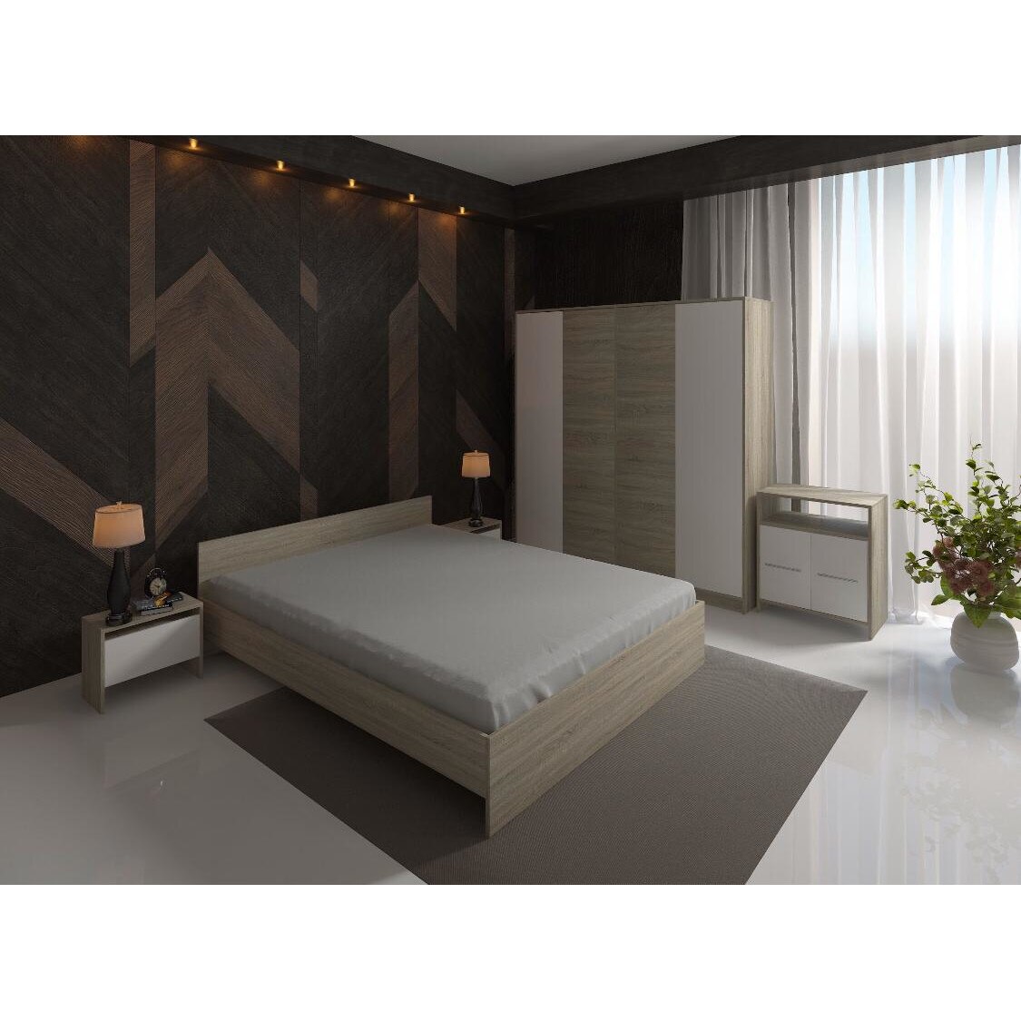 Set dormitor PRTV02, stejar-alb,pat 160 x 190cm
