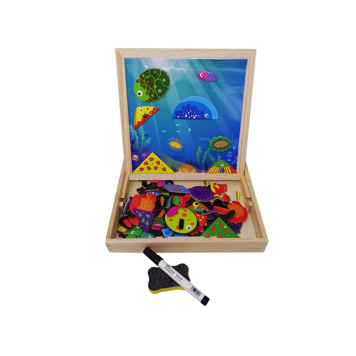 Set Tabla Magnetica cu Forme Acvatice,Marker, Burete, pentru Copii. 66 Piese