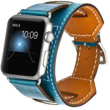 Curea iUni compatibila cu Apple Watch 1/2/3/4/5/6, 44mm, Cuff, Piele, Albastru Curea iUni compatibila cu Apple Watch 1/2/3/4/5/6, 44mm, Cuff, Piele, Albastru