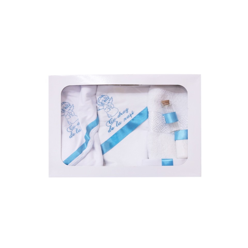 Trusou brodat pentru botez, 6 piese, alb/turcoaz, dae4706