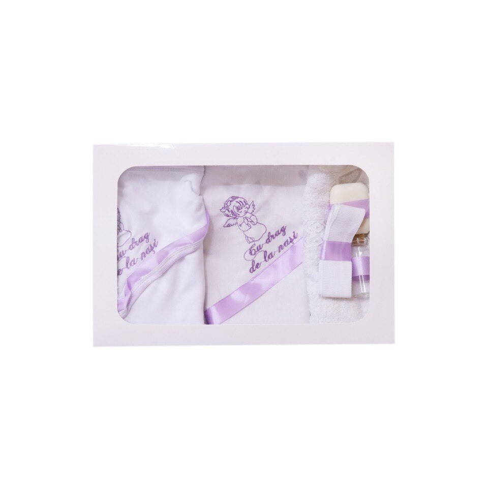 Trusou brodat pentru botez, 6 piese, alb/lila, dae4708