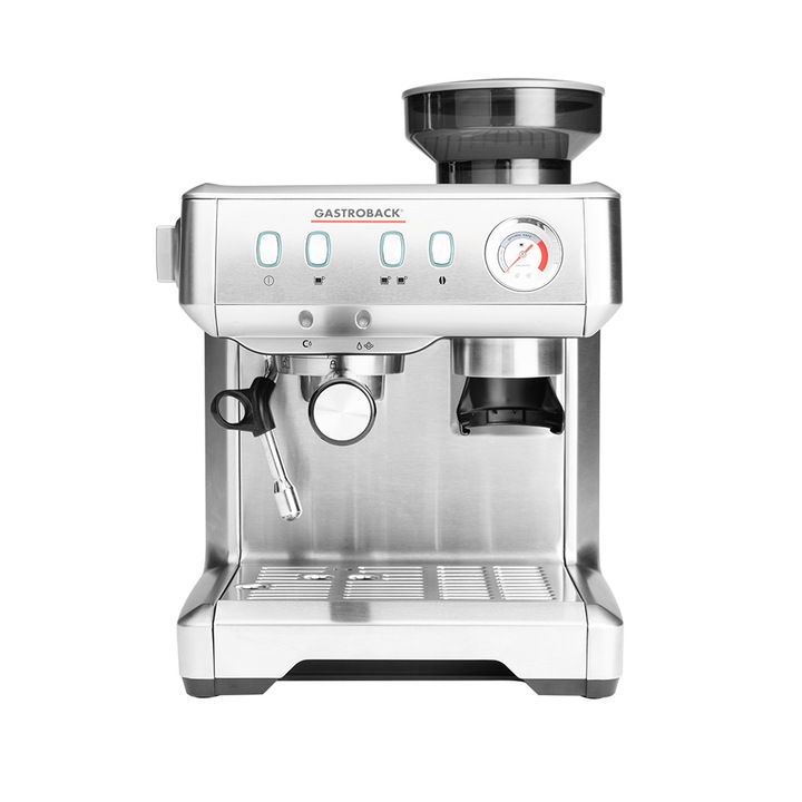 Espressor manual Gastroback 42619, 1600W, 2.5 l, 15 bar, Dispozitiv de spumare, Rasnita de cafea incorporata, Inox
