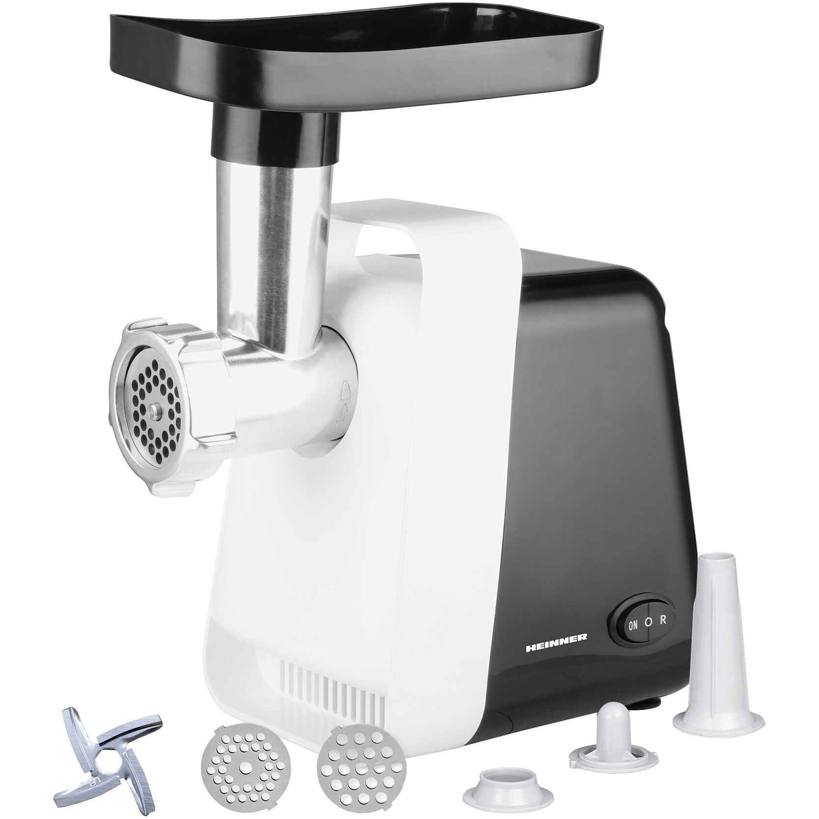 Masina de tocat Heinner MG-D1300BKWH, 1300 W, accesoriu carnati, cutit inox, 2 site, Alb/Negru