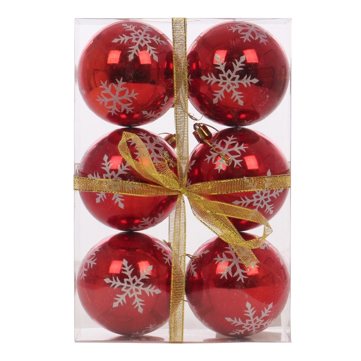 Set 6 globuri de Craciun cu model fulg de nea, rosu/alb, 8 cm