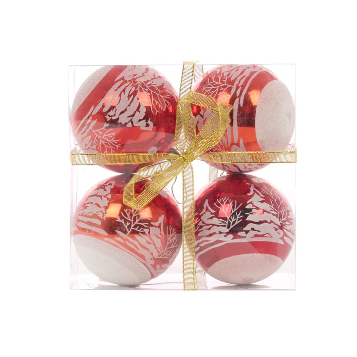 Set 4 globulete de Craciun, model sclipitor cu brad, rosu/alb, D 10 cm