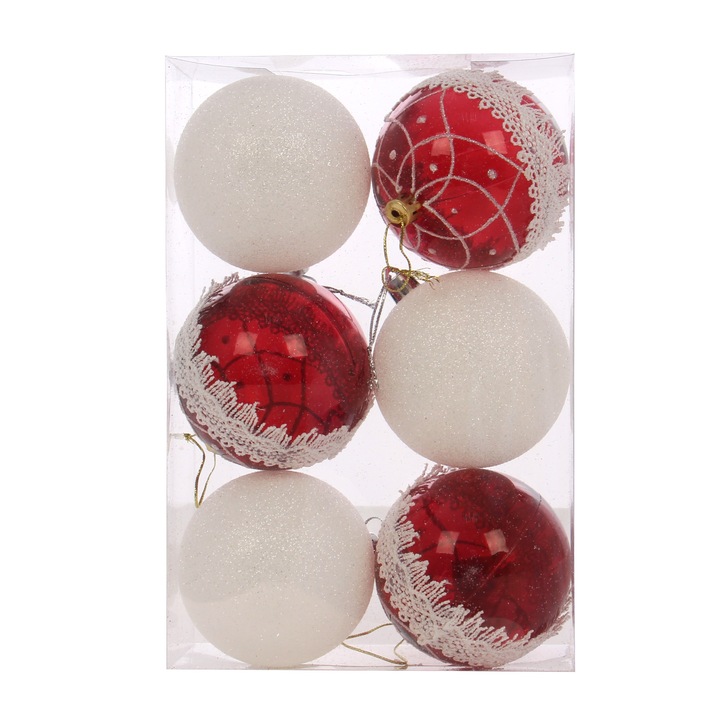 Set 6 globulete de Craciun cu broderie, aspect lucios/sclipitor, rosu/alb, D 8 cm
