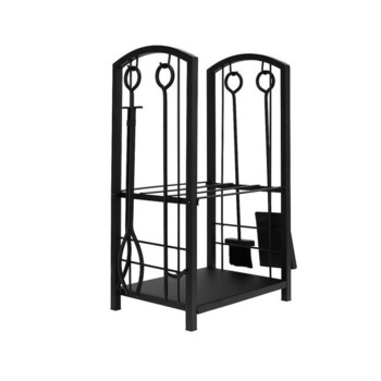 Suport etajat pentru lemne cu 4 accesorii curatire semineu, din otel, culoare negru Suport etajat pentru lemne cu 4 accesorii curatire semineu, din otel, culoare negru