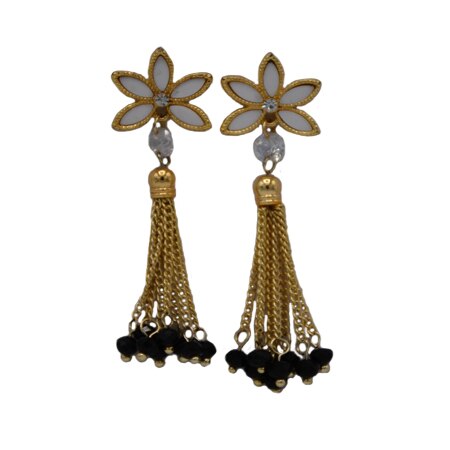 Cercei lungi, din lanturi, cu design floral, D&J Exclusive, negru-auriu