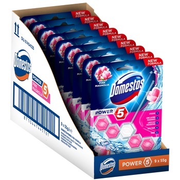 Pachet Promotional Odorizant Toaleta Domestos Power 5 Pink Magnolia 55G x 9 buc Pachet Promotional Odorizant Toaleta Domestos Power 5 Pink Magnolia 55G x 9 buc