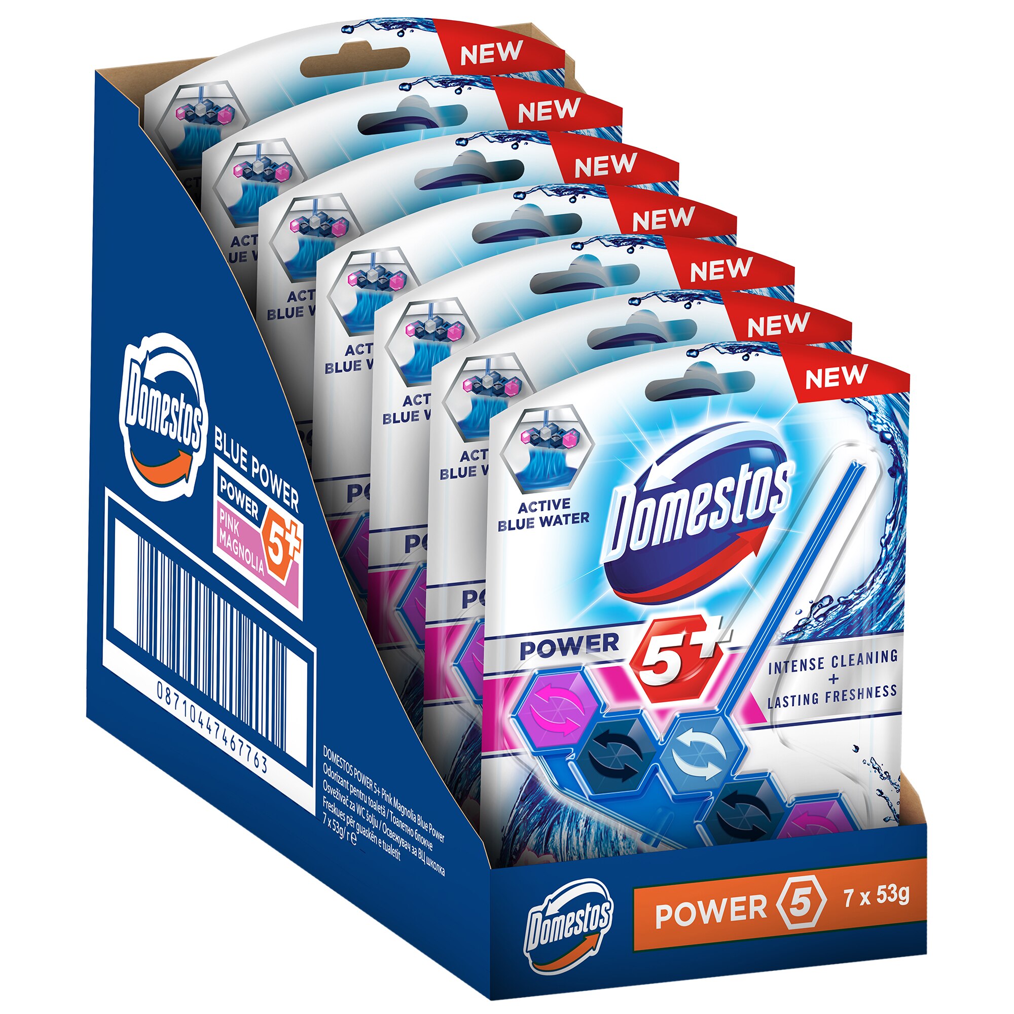 Pachet Promotional Odorizant Toaleta Domestos Power 5+ Blue Water Pink 53G x 7 buc