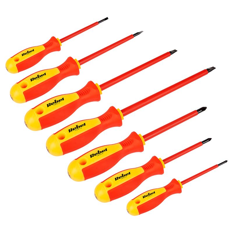 Set 7 surubelnite Rebel, Izolate 1000V, Maner Ergonomic, Varf Magnetic, Crom-Vanadiu, 3x76 mm, 4x102 mm, 5,5x127 mm, 6,3x152 mm, PH0x76 mm, PH1x76 mm, PH2x101,5 mm