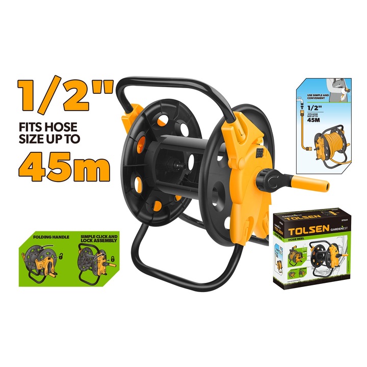 Suport pentru furtun GARDENEST by TOLSEN, Compatibil 1/2" x 45m, Material PP rezistent, Maner pliabil ergonomic, Sistem click de prindere rapida, Tambur portabil din plastic, ideal pentru depozitarea si organizarea furtunului in gradina si pe terasa
