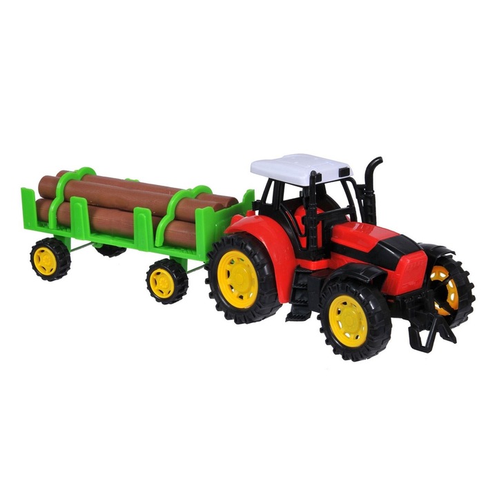 Tractor Jucarie Rosu cu Remorca & Lemne, 36x10x13 cm
