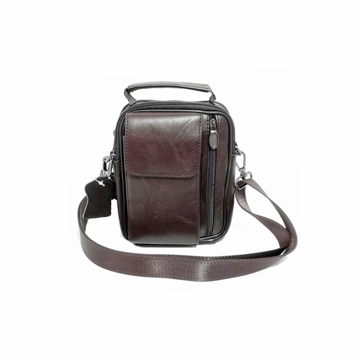 Borseta din piele naturala maro, cu suport telefon, pentru mana, umar sau curea, Magrot 5006