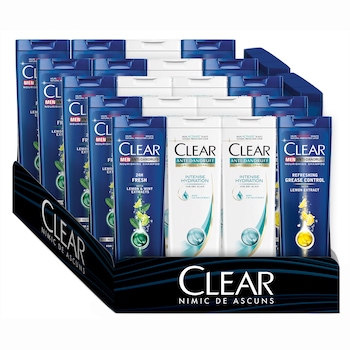 Set Clear Men & Women Sampon x 22 buc: 8 x Clear Women Shampoo Intense Hydration 400ml, 7 x Clear Men Shampoo 24H Fresh 400ml, 7 x Clear Men Shampoo Refreshing Grease Control 400ml Set Clear Men & Women Sampon x 22 buc: 8 x Clear Women Shampoo Intense Hydration 400ml, 7 x Clear Men Shampoo 24H Fresh 400ml, 7 x Clear Men Shampoo Refreshing Grease Control 400ml