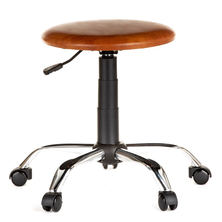 QMOBILI LAB CR Cognac laboratóriumi szék, műbőr, króm csillagláb, gumírozott görgős