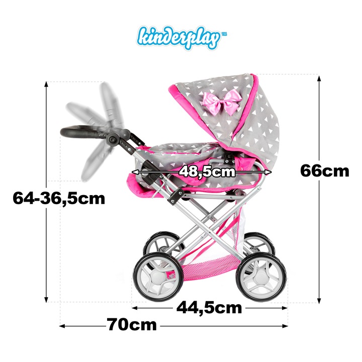 Количка за кукли Kinderplay, KP0200S, Със сенник, Презрамка, Кошница за пазаруване, Алуминиева рамка, Сгъваеми, Подвижни, Миещи се елементи