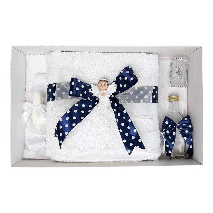 Trusou botez baietel cu fundita bleumarin cu buline si ingeras, 7 piese, Erfi® 94