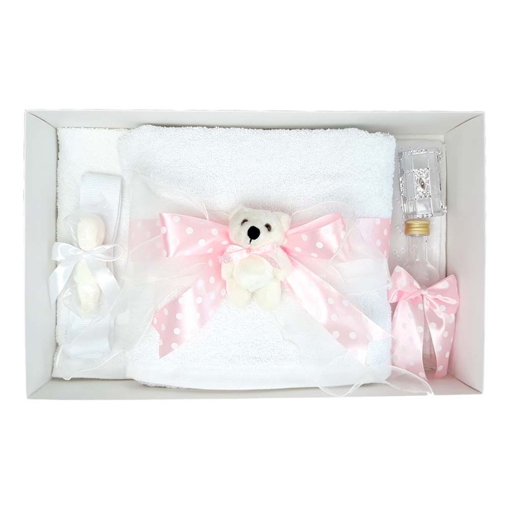 Trusou botez fetita fundita roz cu buline si ursulet, 7 piese, Erfi® 102