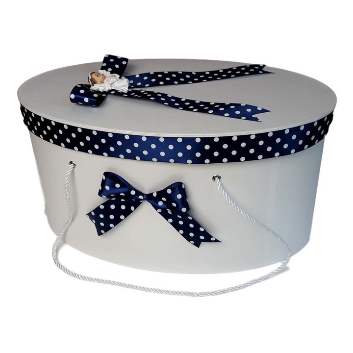 Cutie trusou botez ovala fundita bleumarin cu buline si ingeras Erfi® 104