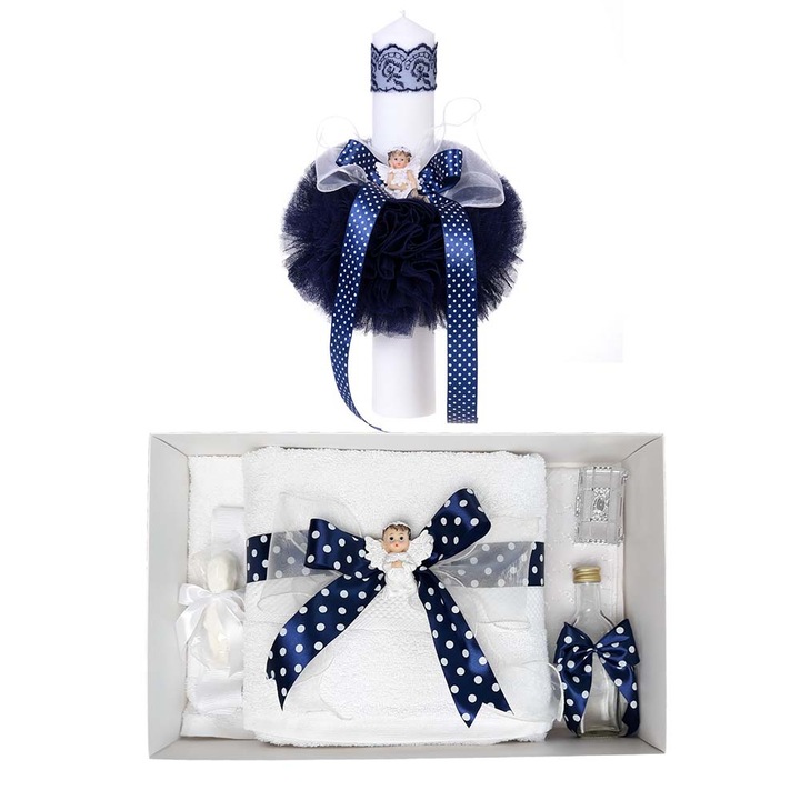 Set trusou botez fundite bleumarin si lumanare botez cu ingeras Erfi® 109