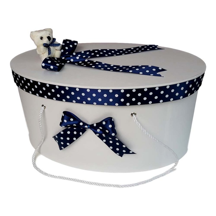 Cutie trusou botez ovala fundita bleumarin cu buline si ursulet Erfi® 105