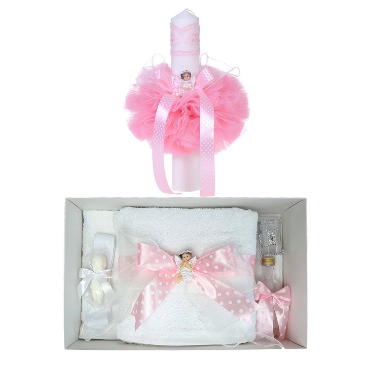 Set trusou botez fundite roz si lumanare botez cu ingeras Erfi® 111