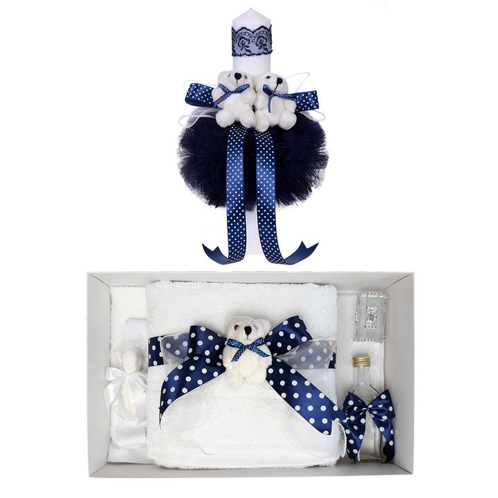Set trusou botez fundite bleumarin si lumanare botez cu ursuleti Erfi® 114