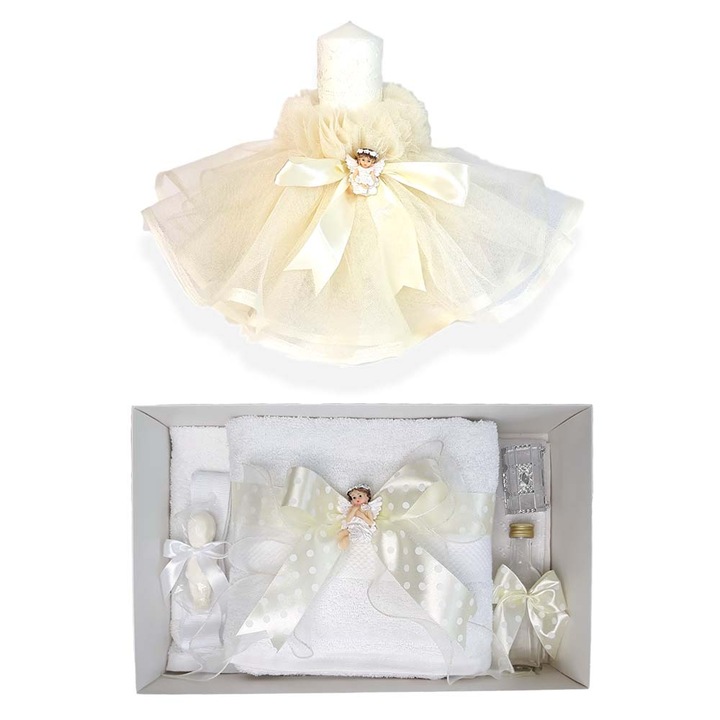 Set trusou botez fundite ivoire si lumanare botez cu ingeras Erfi® 116