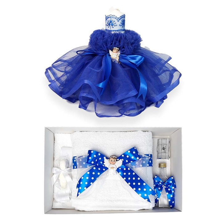 Set trusou botez fundite albastre si lumanare botez cu ingeras Erfi® 117