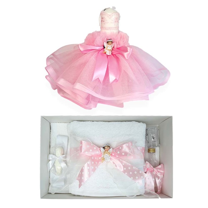 Set trusou botez fundite roz si lumanare botez cu ingeras Erfi® 120