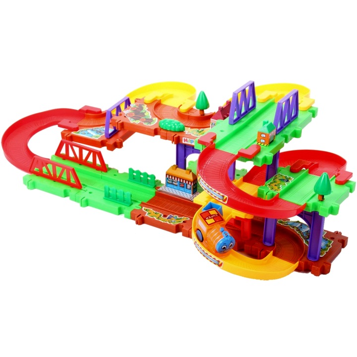 Set de Joaca Tip Puzzle, HAPPY Maggic Route, Accesorizat cu elemente Specifice, Ajuta la dezvoltarea imaginatiei, abilitatilor de gandire logica si a coordonarii copiilor, Realizat din materiale durabile, Verde-Mov